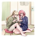 2girls :d applying_manicure bak_pep barefoot between_legs blonde_hair blue_eyes blue_jacket blue_shorts blush breast_pocket closed_mouth collarbone collared_jacket commentary_request commission cosmetics cup curtains fusuma green_eyes green_sweater grey_shorts hair_between_eyes hand_on_own_face hands_up highres holding holding_another&#039;s_wrist holding_brush holding_makeup_brush indoors jacket knees_up korean_commentary lapels long_hair long_sidelocks long_sleeves looking_at_another looking_down makeup_brush multiple_girls nail_polish nail_polish_bottle nail_polish_brush notched_lapels on_floor one_eye_closed open_mouth painting_fingernails pillow pink_hair pocket ponytail puffy_long_sleeves puffy_sleeves saucer second-party_source shorts shoujo_kageki_revue_starlight shoujo_kageki_revue_starlight_-re_live- sidelocks single_horizontal_stripe single_tear sitting sitting_on_pillow sliding_doors smile sweatdrop sweater table teacup toes tsuruhime_yachiyo unworn_jacket wariza wavy_hair white_trim window yumeoji_fumi 