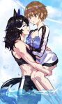  ! 2girls :d :o animal_ears bare_arms bare_legs bare_shoulders beach bikini black_hair black_shorts black_sports_bra black_tail blue_bikini blue_eyes blue_sky blush breasts brown_eyes brown_hair carrying carrying_person cleavage commentary cowboy_shot cross-laced_bikini cross-laced_clothes cross-laced_top earrings feet_out_of_frame female_trainer_(umamusume) hair_down hand_on_another&#039;s_back hand_on_another&#039;s_leg hand_on_another&#039;s_shoulder highres hoop_earrings horse_ears horse_girl horse_tail jacket jagaimobeniko jewelry katsuragi_ace_(umamusume) long_hair looking_at_another medium_breasts multicolored_hair multiple_girls open_clothes open_jacket outdoors short_hair shorts sky smile sports_bra streaked_hair swimsuit tail toned toned_female trainer_(umamusume) umamusume wading white_hair white_jacket yuri 