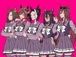  5girls air_groove_(umamusume) animal_ears black_hair bow bowtie braid braided_bun breasts brown_hair closed_mouth commentary_request cowboy_shot crossed_arms ear_bow ear_ornament ears_through_headwear eyewear_on_head flipped_sidelocks frisktomato gentildonna_(umamusume) hair_between_eyes hair_bun hand_up hands_on_own_hips highres hishi_amazon_(umamusume) horse_ears horse_girl horse_tail horseshoe_ornament lineup long_hair long_sleeves mejiro_ramonu_(umamusume) multicolored_hair multiple_girls one_eye_closed pink_background pleated_skirt purple_eyes purple_serafuku purple_shirt purple_skirt purple_thighhighs red_eyes sailor_collar sailor_shirt school_uniform seeking_the_pearl_(umamusume) serafuku shirt short_hair simple_background skirt smile standing streaked_hair sunglasses tail thighhighs tracen_school_uniform umamusume white_bow white_bowtie white_hair winter_uniform zettai_ryouiki 