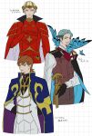  3boys absurdres armor arms_behind_back basic_learning beard blonde_hair blue_butterfly blue_eyes brown_hair bug butterfly cape challia_bull char_aznable code_geass cosplay cropped_legs edelgard_von_hresvelg edelgard_von_hresvelg_(cosplay) edelgard_von_hresvelg_(timeskip) facial_hair fate/grand_order fate_(series) fire_emblem fire_emblem:_three_houses gloves green_eyes green_hair grid_background gundam gundam_gquuuuuux headpiece highres jacket james_moriarty_(archer)_(fate) james_moriarty_(archer)_(fate)_(cosplay) kururugi_suzaku kururugi_suzaku_(cosplay) long_sleeves looking_at_viewer male_focus mole mole_under_mouth multiple_boys mustache red_cape shirt short_hair smile turtleneck vest white_background xavier_olivette 