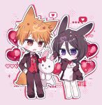  1boy 1girl alternate_costume animal_ears black_hair black_jacket black_pants black_vest bleach chibi chibi_only dress g_ieep hand_in_pocket jacket kuchiki_rukia kurosaki_ichigo orange_eyes orange_hair pants purple_eyes rabbit_boy rabbit_ears rabbit_girl shirt short_hair spiked_hair stuffed_animal stuffed_toy vest white_dress white_shirt 