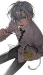  1boy :d absurdres black_necktie black_pants blue_eyes chainsaw_man collared_shirt commentary_request cosplay crossed_bangs denji_(chainsaw_man) denji_(chainsaw_man)_(cosplay) earrings english_commentary hair_between_eyes hand_up highres jewelry kaelix_debonair kaohom503 long_sleeves looking_at_viewer male_focus mixed-language_commentary necktie nijisanji nijisanji_en open_mouth pants parted_bangs pochita_(chainsaw_man) pochita_(chainsaw_man)_(cosplay) red_pupils sharp_teeth shirt short_hair simple_background sleeves_rolled_up smile solo teeth virtual_youtuber white_background white_hair white_shirt wing_collar 