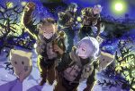  4boys animal_ear_fluff animal_ears arm_up backpack bag bare_tree black_hair blonde_hair blue_hair brown_gloves brown_pants brown_vest bug chaps clenched_hand closed_eyes commentary_request dark-skinned_male dark_skin firefly floyd_leech full_body full_moon gloves grey_eyes grey_hair grin hiking hyena_ears jack_howl jip looking_at_another male_focus moon multicolored_hair multiple_boys night night_sky outdoors pants ruggie_bucchi short_hair silver_vanrouge sky smile streaked_hair tail tree twisted_wonderland vest wolf_boy wolf_ears wolf_tail yellow_eyes 
