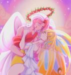  1boy 1girl angel_wings antenna_hair armored_boots boots butterfly_wings colored_skin cookie_run cookie_run:_kingdom cupid curly_eyebrows highres hiyo0se humanization insect_wings layered_clothes leg_armor leotard long_eyelashes pavlova_cookie pink_skin sugarfly_cookie white_eyeshadow wings yellow_leotard yellow_skin 