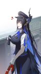  1girl absurdres asymmetrical_horns black_hair black_skirt black_vest black_wings blue_bow blue_bowtie blue_hair blue_hat bow bowtie breasts collared_shirt colored_inner_hair feathered_wings flower flower_knot hair_ornament hat highres holding hololive hololive_english horn_flower horns large_breasts long_hair low_wings multicolored_hair nerissa_ravencroft peaked_cap shirt short_sleeves sidelocks skirt solo straight_hair tassel tassel_hair_ornament thekaiyip uneven_horns very_long_hair vest virtual_youtuber white_shirt wings 