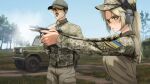 1boy 1girl aiming ammunition arm_behind_back army baseball_cap beretta_92 blonde_hair blue_eyes blue_sky breasts bullet camouflage camouflaged_object car casing_ejection commission dgkamikaze ear_protection face_shield firing freckles from_side grass gun handgun handgun_cartridge hat highres holding holding_gun holding_weapon jacket lips long_hair long_sleeves looking_at_another looking_to_the_side messy_hair military military_fatigues military_hat military_patch military_uniform military_vehicle mm14 motor_vehicle muzzle_flash olena_bozhuk original outdoors parted_bangs parted_lips reloading russo-ukrainian_war scenery second-party_source shell shell_casing sky smoke smoking smoking_barrel soldier tree uaz-469 ukraine ukrainian_air_force ukrainian_flag war weapon 