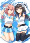  2girls :o alternate_costume aqua_sailor_collar bare_shoulders belt black_belt black_hair black_thighhighs blue_background blue_sailor_collar blue_skirt blunt_ends blush border breasts buttons collarbone commentary_request cropped_shirt crossed_bangs double-breasted drop_shadow elbow_gloves eyes_visible_through_hair feet_out_of_frame fuyukichi_(nikoniko1567) gloves hair_between_eyes hair_ornament hairclip hand_on_own_hip hand_up hat highres inaba_meguru kneeling large_breasts long_hair looking_at_viewer midriff mini_hat miniskirt multiple_girls navel one_side_up open_mouth orange_hair outside_border parallel_hairclips pleated_skirt sailor_collar sailor_hat salute sanoba_witch shirt short_sleeves side-by-side sidelocks simple_background skindentation skirt small_breasts socks star-shaped_buckle star_(symbol) star_hair_ornament straight_hair strapless strapless_shirt thighhighs thighs togakushi_touko two_side_up wavy_hair white_border white_gloves white_shirt white_skirt white_socks witch_hat zettai_ryouiki 