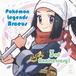  1girl akari_(pokemon) anniversary black_hair black_sash black_shirt closed_mouth commentary_request copyright_name eyelashes falling_petals flute grey_eyes headscarf holding holding_instrument instrument jacket logo long_hair petals pokemon pokemon_legends:_arceus red_scarf sasami_642 sash scarf shirt sidelocks smile solo split_mouth upper_body 