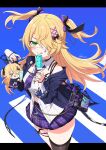 1girl bare_shoulders black_nails black_ribbon blonde_hair blue_jacket blush brown_thighhighs closed_mouth collared_shirt commentary_request cowboy_shot eyepatch fischl_(genshin_impact) food genshin_impact green_eyes hair_ornament hair_over_one_eye hair_ribbon highres holding holding_food holding_popsicle jacket kamuraaa_615 long_hair long_sleeves nail_polish necktie open_clothes open_jacket plaid_clothes plaid_skirt pleated_skirt popsicle purple_necktie purple_skirt ribbon shirt single_thighhigh skirt sleeveless sleeveless_shirt smile solo striped_necktie thighhighs two_side_up white_shirt x_hair_ornament 