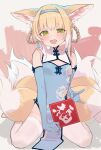  1girl animal_ear_fluff animal_ears arknights bare_shoulders blonde_hair blue_dress blue_gloves blue_hairband blush braid braided_hair_rings china_dress chinese_clothes collar dragon_print dress elbow_gloves fox_ears fox_girl fox_tail gloves green_eyes hair_rings hairband highres multiple_tails official_alternate_costume open_mouth sitting sleeveless sleeveless_dress solo suzuran_(arknights) tail teeth thighhighs upper_teeth_only wariza white_collar white_thighhighs yakurope-moko 