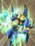  1girl armor clenched_hand cuirass duel_monster electricity elemental_hero_sparkman fighting_stance gauntlets gem glowing helmet light_rays orange_gemstone pauldrons ryuu_(blackdeeno) shoulder_armor solo visor_(armor) yu-gi-oh! 