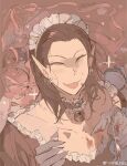  1boy :3 baldur&#039;s_gate baldur&#039;s_gate_3 bell black_hair blood blush cazador_szarr closed_eyes crossdressing crossdressing_(mtf) dungeons_&amp;_dragons earrings fangs hair_slicked_back highres holding_tooth jewelry maid maid_headdress medium_hair neck_bell pale_color ribbon smile solo tooth vampire vihua6 