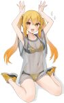  1girl :d absurdres arms_up bikini bikini_under_clothes blonde_hair blush breasts brown_eyes cleavage clothes_writing commentary_request full_body hair_between_eyes highres kopaka_(karda_nui) looking_at_viewer medium_breasts navel no_socks original see-through_clothes shadow shoes simple_background sitting smile sneakers solo sparkle stomach swimsuit twintails wariza white_background yellow_bikini yellow_shoes 
