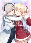  2girls ahoge asukaru_(magika_ru) ayano_rika blonde_hair blue_coat blue_eyes blush coat commentary cowboy_shot earmuffs fur-trimmed_coat fur-trimmed_sleeves fur_trim grey_hair hair_over_one_eye hair_ribbon hand_up highres isuzu_ren long_hair long_sleeves looking_at_viewer magia_record:_mahou_shoujo_madoka_magica_gaiden mahou_shoujo_madoka_magica multiple_girls one_eye_closed open_mouth red_coat red_eyes red_ribbon ribbon scarf shared_clothes shared_scarf short_hair short_twintails smile twintails v white_scarf 