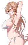  1girl :o absurdres armpits arms_behind_head bikini breasts brown_hair highres konoe_kanata large_breasts long_hair love_live! love_live!_nijigasaki_high_school_idol_club nasuno_(nasuno42) navel open_mouth purple_eyes side-tie_bikini_bottom simple_background solo swimsuit white_background white_bikini 
