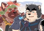  2boys animal_ears another_eidos-r arm_around_shoulder armor bandana bara black_armor black_fur blush brown_fur chabeau_(another_eidos) commentary_request dated dog_boy dog_ears fang furry furry_male green_bandana holding hyena_boy hyena_ears looking_at_object lyon_(another_eidos) male_focus mikiya_(mine_miki0840) multiple_boys open_mouth orange_hair signature smile sparkle thick_eyebrows yaoi 
