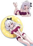  1girl ;d bare_arms bare_legs bare_shoulders barefoot bikini black_bow black_hairband blue_archive bow commentary deadnooodles elbow_rest feet_up hair_bow hairband hands_on_own_thighs head_rest highres innertube long_hair looking_at_viewer lying multiple_views mutsuki_(blue_archive) off-shoulder_bikini off_shoulder on_back on_stomach one_eye_closed open_mouth red_bikini red_eyes simple_background sketch smile swim_ring swimsuit the_pose v_arms white_background white_hair 