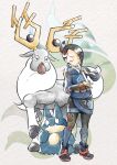  1girl black_boots black_hair black_skirt blue_jacket boots bracelet closed_eyes commentary_request diamond_clan_outfit flute hair_ornament highres holding holding_instrument instrument jacket jewelry mai_(pokemon) munchlax music pantyhose playing_instrument pokemon pokemon_(creature) pokemon_legends:_arceus print_pantyhose sasami_642 shirt short_hair skirt standing white_shirt wyrdeer 