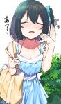  1girl absurdres bag bare_shoulders black_hair blue_dress blue_ribbon blush breasts check_translation cleavage closed_eyes collarbone cowboy_shot dot_nose double-parted_bangs dress fanning_face fanning_self hair_ribbon highres hot nose_blush open_mouth original outdoors ribbon short_hair shoulder_bag sidelocks small_breasts solo strap suzunari_shizuku sweat teeth translation_request upper_teeth_only vegetation yellow_bag yuki_arare 