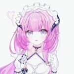  1girl absurdres black_choker blue_eyes chinese_commentary choker commentary_request dress elf elysia_(honkai_impact) elysia_(miss_pink_elf)_(honkai_impact) fake_horns heart highres honkai_(series) honkai_impact_3rd horns long_hair looking_at_viewer maid maid_headdress official_alternate_costume parted_lips pink_hair pointy_ears puffy_short_sleeves puffy_sleeves q217330193 short_sleeves simple_background solo upper_body white_background 