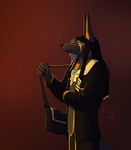  2017 anthro anu anubian_jackal anubis bag black_fur black_sclera canine clothed clothing deity digital_media_(artwork) egyptian fur hair hat jackal jewelry kavaeric looking_at_viewer male mammal p700 science_fiction shirt simple_background solo standing suit 