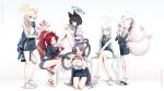  6+girls alternate_costume alternate_eye_color alternate_hairstyle animal_ear_fluff animal_ears ankle_socks ayame_(blue_archive) bell black_eyes black_hair black_horns black_jacket black_necktie black_panties black_ribbon black_skirt blonde_hair blue_archive blue_haori blue_necktie blue_skirt blue_vest blush bra_visible_through_clothes breasts bucho_sama cat_ears cat_girl cat_tail cleavage closed_mouth crossed_legs dragon_girl dragon_horn dragon_tail dress eyeshadow fox_ears fox_girl fox_tail green_eyes grey_jacket grey_skirt grin hair_bell hair_ornament hair_over_shoulder hair_ribbon halo hand_to_own_mouth haori heart heart_hands highres horns hyakkaryouran_(blue_archive) jacket japanese_clothes jingle_bell kikyou_(blue_archive) kneeling kuzunoha_(blue_archive) large_breasts long_braid long_hair long_sleeves looking_at_viewer makeup miniskirt multiple_girls multiple_tails nagusa_(blue_archive) necktie open_clothes open_mouth open_shirt own_hands_together panties panty_peek parted_bangs parted_lips pencil_skirt pointy_ears ponytail purple_dress purple_eyes purple_hair purple_halo red_eyes red_eyeshadow red_hair red_halo red_tail renge_(blue_archive) ribbon school_uniform shirt shoes short_hair short_sleeves sidelocks single_horn sitting skirt slippers smile sneakers socks tail tank_top two_tails underwear very_long_hair vest white_hair white_halo white_shirt white_shoes white_socks white_tank_top yellow_halo yukari_(blue_archive) 