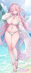  1girl bare_shoulders beach bikini blue_bikini blush breasts cameltoe cleavage collarbone commentary_request day full_body hair_between_eyes hand_up highres holding holding_swim_ring large_breasts long_hair long_sleeves looking_at_viewer navel off_shoulder one_eye_closed original outdoors parted_lips pink_eyes pink_hair pointy_ears sandals solo sora_72-iro standing stomach swim_ring swimsuit toenails very_long_hair water wet wet_clothes white_innertube 