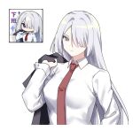  1girl ak-15_(erwin)_(girls'_frontline) ak-15_(girls'_frontline) black_coat chibi coat collared_shirt girls'_frontline girls'_frontline_2:_exilium highres holding holding_coat holding_unworn_clothes inset lemonisblue long_sleeves necktie official_alternate_costume official_art_inset purple_eyes red_necktie shirt simple_background solo unworn_coat voymastina_(girls'_frontline_2) white_background white_shirt 
