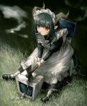  1girl apron axe black_hair broken broken_glass chair cigarette commentary_request demon_girl double-sided_axe dress from_above glass grass holding holding_axe horns juliet_sleeves komenomoku leaning_forward long_sleeves looking_ahead maid maid_apron maid_headdress mary_janes monitor mouth_hold on_chair original outdoors pointy_ears puffy_sleeves red_eyes shoes smoke smoke_trail smoking solo spread_legs 