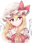  ascot bangs blonde_hair blush bow commentary_request crystal eyebrows_visible_through_hair flandre_scarlet frilled_shirt_collar frills hair_between_eyes hair_down hat hat_bow long_hair looking_at_viewer minust mob_cap puffy_short_sleeves puffy_sleeves red_bow red_eyes red_vest shirt short_sleeves simple_background solo touhou upper_body vest white_background white_hat white_shirt wings yellow_neckwear 