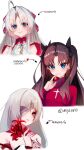  3girls ahoge bandage_over_one_eye black_hair black_ribbon blood blood_from_eyes blue_eyes bow carlotta_(wuthering_waves) closed_mouth commentary fate_(series) flower grey_eyes hair_bow hair_ribbon highres holding holding_flower long_hair looking_at_viewer mija_(mija1890) multiple_girls parted_bangs parted_lips phrolova_(wuthering_waves) pink_bow red_pupils red_shirt red_spider_lily ribbon shirt simple_background smile symbol-only_commentary tohsaka_rin ueda_kana voice_actor_connection white_background wuthering_waves 