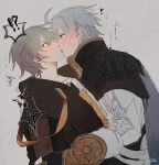  !? 2boys ahoge armor artist_name black_coat black_gloves blue_eyes blush caelus_(honkai:_star_rail) cape coat commentary_request fingerless_gloves french_kiss gloves grey_background grey_cape grey_hair hair_between_eyes heart highres honkai:_star_rail honkai_(series) hood hooded_coat hug jacket kiss long_sleeves looking_at_another lvohtn male_focus multiple_boys open_clothes open_coat open_mouth phainon_(honkai:_star_rail) polka_dot polka_dot_background puffy_long_sleeves puffy_sleeves shirt short_hair shoulder_armor sun_symbol surprise_kiss surprised sweatdrop t-shirt tongue tongue_out trailblazer_(honkai:_star_rail) upper_body white_jacket white_shirt yaoi yellow_eyes 