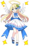  1girl :d angel angel_wings anime_coloring back_bow blonde_hair blue_bow blue_bowtie blue_shoes blush bow bowtie collared_dress commentary_request dot_nose dress floral_print floral_print_dress frilled_dress frills full_body hair_ornament halo highres kotatsu-mazoku long_hair looking_at_viewer open_mouth original print_dress shoes shoshinsha_angel_girl_(kotatsu-mazoku) shoshinsha_mark simple_background sleeveless sleeveless_dress smile socks solo sparkle traditional_halo white_background white_dress white_socks wings wrist_cuffs 