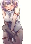 1boy 1girl blush breasts closed_eyes commentary_request disembodied_hand fingering fuwa_uneuchi hetero highres large_breasts nanase_suzuna nijisanji one-piece_swimsuit open_mouth paid_reward_available purple_hair short_hair simple_background swimsuit teeth thigh_strap upper_teeth_only variant_set white_background white_one-piece_swimsuit 
