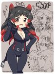  animal animal_ears black_hair blush breasts brown_eyes cleavage eromame extra_ears eyebrows_visible_through_hair hippopotamus hippopotamus_(kemono_friends) hippopotamus_ears kemono_friends large_breasts long_hair looking_at_viewer multicolored_hair multiple_views open_mouth red_hair smile translation_request twitter_username two-tone_hair 