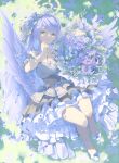  1girl absurdres alternate_costume black_skirt blue_archive blue_flower blue_hair blue_wings blush bouquet crown feathered_wings flower green_eyes grin hair_flower hair_ornament hair_ribbon high-waist_skirt highres holding holding_bouquet jewelry long_hair lying mine_(blue_archive) necklace off-shoulder_shirt off_shoulder on_back petticoat purple_flower ribbon shirt shoes skirt smile solo tamagore tears white_ribbon white_shoes wings 
