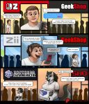 2025 absurd_res anthro blue_eyes bottomwear box breast_growth breasts canid canine canis clothing container crossgender dialogue digital_media_(artwork) electronics english_text female gamecube gender_transformation group growth hi_res holding_box holding_container holding_object holding_phone human human_to_anthro link_(wolf_form) male mammal milton_(miltonholmes) miltonholmes mtf_crossgender mtf_transformation nintendo pants phone shirt smile solo_focus species_transformation tail tail_growth text the_legend_of_zelda time_travel topwear transformation twilight_princess white_clothing white_shirt white_topwear wolf