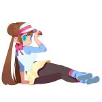  1girl black_pantyhose blue_eyes blue_shirt breasts brown_hair donut_hair_bun double_bun from_behind full_body hair_bun hat highres holding holding_poke_ball long_hair monster_l_(hochihochiha) pantyhose poke_ball poke_ball_(basic) pokemon pokemon_bw2 rosa_(pokemon) shirt shorts simple_background solo twintails two-tone_shirt visor_cap white_background white_hat white_shirt yellow_shorts 