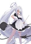  1girl :o alternate_costume apron back_bow black_dress blue_archive blush bow breasts broom commentary_request cowboy_shot dark-skinned_female dark_skin demon_girl demon_tail dress enmaided eyelashes eyes_visible_through_hair feet_out_of_frame floating_clothes frilled_apron frilled_dress frills from_below frown garter_straps grey_hair hair_intakes hair_over_one_eye halo hand_on_own_hip highres holding holding_broom iori_(blue_archive) kimagurain long_bangs long_hair looking_at_viewer maid maid_apron maid_headdress medium_breasts open_mouth pointy_ears puffy_short_sleeves puffy_sleeves purple_halo red_eyes short_sleeves sidelocks simple_background slit_pupils solo standing tail thighhighs tsurime twintails upskirt very_long_hair watermark white_apron white_background white_bow white_thighhighs white_wrist_cuffs wrist_cuffs 