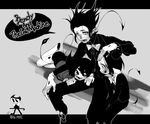  abara_chiita bendy bendy_and_the_ink_machine black_eyes black_hair cane copyright_name demon_tail gloves grey_background horns letterboxed multiple_boys multiple_persona personification simple_background sitting speech_bubble spoken_copyright tail twitter_username white_gloves white_skin 