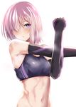  :o armpit_peek bangs black_gloves breath elbow_gloves eyebrows_visible_through_hair fate/grand_order fate_(series) gloves hair_over_one_eye looking_at_viewer mash_kyrielight navel open_mouth purple_eyes purple_hair short_hair simple_background solo sports_bra stretch tai_(nazutai) upper_body white_background 