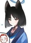  1girl absurdres akira_(g0dspeed) alternate_eye_color animal_ear_fluff animal_ears black_hair black_ribbon blue_archive blue_halo blue_neckerchief blue_sailor_collar blunt_ends blush bob_cut brown_eyes cat_ears cat_girl closed_mouth commentary doodle_sensei_(blue_archive) eyelashes eyeshadow hair_between_eyes halo heart highres kikyou_(blue_archive) looking_at_viewer makeup medium_hair neck_ribbon neckerchief red_eyeshadow ribbon sailor_collar school_uniform sensei_(blue_archive) serafuku simple_background smile solo split_mouth spoken_character straight_hair tsurime white_background 