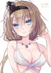  1girl absurdres artist_name bikini blonde_hair blue_eyes breasts crown earrings hair_between_eyes hairband highres hizaka jewelry kantai_collection long_hair looking_at_viewer low-tied_long_hair medium_breasts mini_crown necklace solo swimsuit twitter_username upper_body valiant_(kancolle) white_bikini 