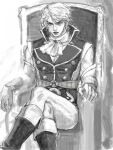  1boy ascot bishounen boots commentary_request detached_sleeves dio_brando ear_birthmark greyscale high_collar jojo_no_kimyou_na_bouken male_focus monochrome o-ring phantom_blood phantom_blood_(movie) sketch solo sunayama38 vampire 