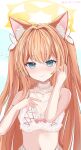  1girl 3: absurdres akira_(g0dspeed) alternate_costume alternate_hairstyle animal_ear_fluff animal_ears armpit_crease bare_arms bare_shoulders black_bra blue_archive blue_eyes blush bow bow_bra bra breasts cat_ears cat_girl choker cleavage closed_mouth commentary_request cross cross_necklace embarrassed extra_ears eyelashes film_grain flying_sweatdrops frilled_bra frills hair_intakes halo hands_up highres jewelry long_hair mari_(blue_archive) medium_breasts navel necklace nose_blush orange_hair pearl_necklace red_bow sidelocks simple_background solo straight_hair tsurime twitter_username two_side_up underwear underwear_only very_long_hair white_background white_choker yellow_halo 