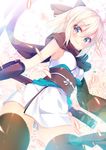  black_legwear black_scarf blonde_hair blush brown_eyes closed_mouth eyebrows_visible_through_hair fate/grand_order fate_(series) looking_at_viewer mitsumomo_mamu okita_souji_(fate) okita_souji_(fate)_(all) scarf short_hair smile solo thighhighs 