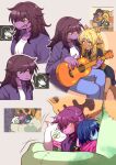  &gt;_&lt; 1other 2boys 2girls absurdres antlers averting_eyes blush colored_skin deer_girl deltarune freckles game_screenshot_inset group_hug guitar highres horns hug instrument jackenstein_(deltarune) kris_(dark_world)_(deltarune) kris_(deltarune) mitorizu_02 multiple_boys multiple_girls noelle_holiday purple_skin ralsei reference_inset reptile_girl sharp_teeth susie_(dark_world)_(deltarune) susie_(deltarune) teeth yuri 