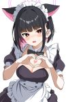  1girl absurdres alternate_costume animal_ears apron black_bow black_bowtie black_dress black_hair blue_archive blunt_bangs blunt_ends blush bob_cut bow bowtie breasts bright_pupils buttons cat_ears cat_girl cleavage clenched_hand colored_inner_animal_ears colored_inner_hair commentary cowboy_shot detached_collar double-breasted dress embarrassed enmaided extra_ears frilled_apron frills hair_behind_ear hair_ornament hairclip hakusimi_8943 halo hands_up heart heart_hands heart_in_heart_hands highres holding_hands kazusa_(blue_archive) large_breasts looking_at_viewer maid maid_apron maid_headdress medium_hair moe_moe_kyun! multicolored_hair nose_blush open_mouth pink_hair pink_halo puffy_short_sleeves puffy_sleeves red_eyes short_sleeves simple_background solo straight_hair sweatdrop tsurime two-tone_hair white_apron white_background white_pupils 