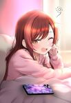  1girl bed blanket blush cellphone highres idolmaster idolmaster_shiny_colors long_hair long_sleeves looking_at_viewer messy_hair morning on_bed one_eye_closed open_mouth osaki_amana pajamas phone pillow pink_pajamas red_hair shingi_(truth_fakesingi) sitting sleepwear sleepy smartphone smile solo swept_bangs tears under_covers waking_up yellow_eyes 