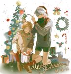  2boys absurdres bell black_shorts box brown_eyes brown_hair brown_sweater candy candy_cane chinese_commentary christmas christmas_tree christmas_wreath commentary_request covered_mouth fake_antlers food full_body gift gift_box grey_eyes grey_hair grey_sweater hanamura_yousuke highres holding_headband ibsm kneeling long_sleeves male_focus merry_christmas multiple_boys narukami_yu open_mouth persona persona_4 red_scarf scarf short_hair shorts simple_background sitting smile snowflakes star_(symbol) sweater white_background wreath 